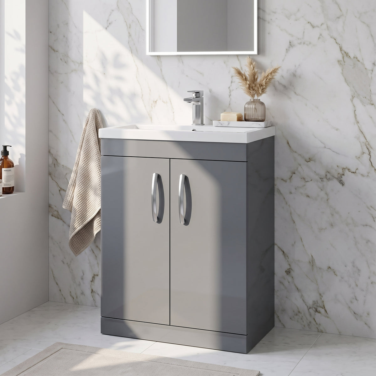 Fairford Carnation 600mm Gloss Grey Floor Standing 2 Door Vanity Unit, with Basin