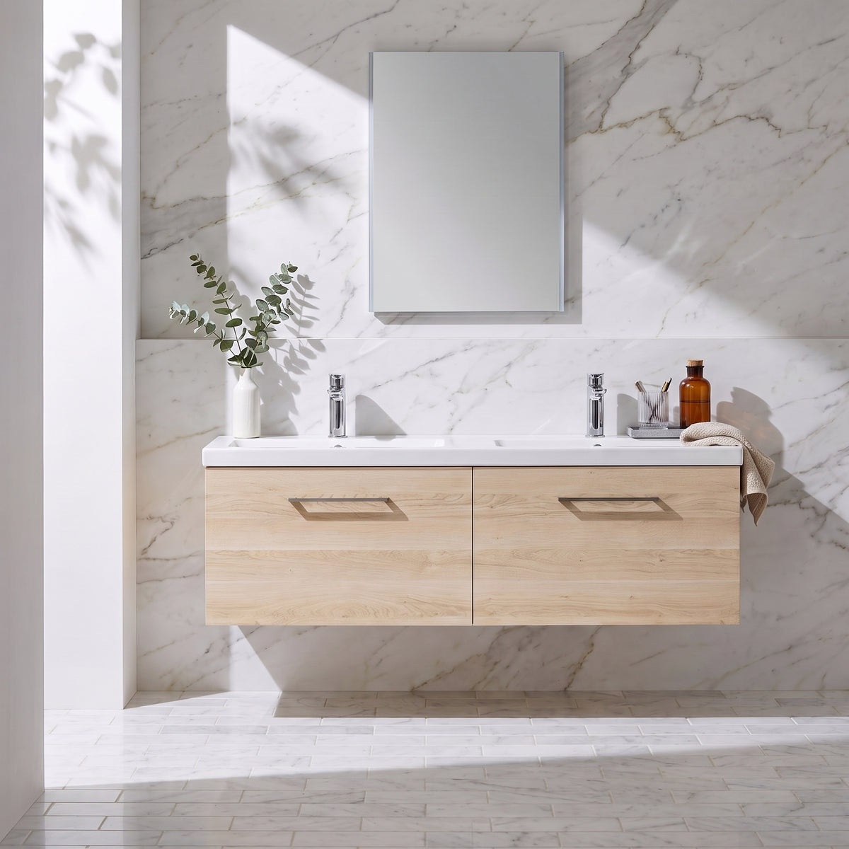 Fairford Aspri Bleached Oak 1200mm 2 Drawer Wall Hung Vanity Unit
