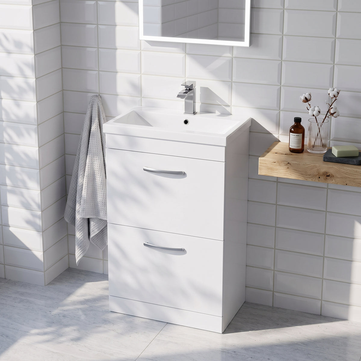 Fairford Carnation 600mm Gloss White Floor Standing 2 Drawer Vanity Unit, with Basin