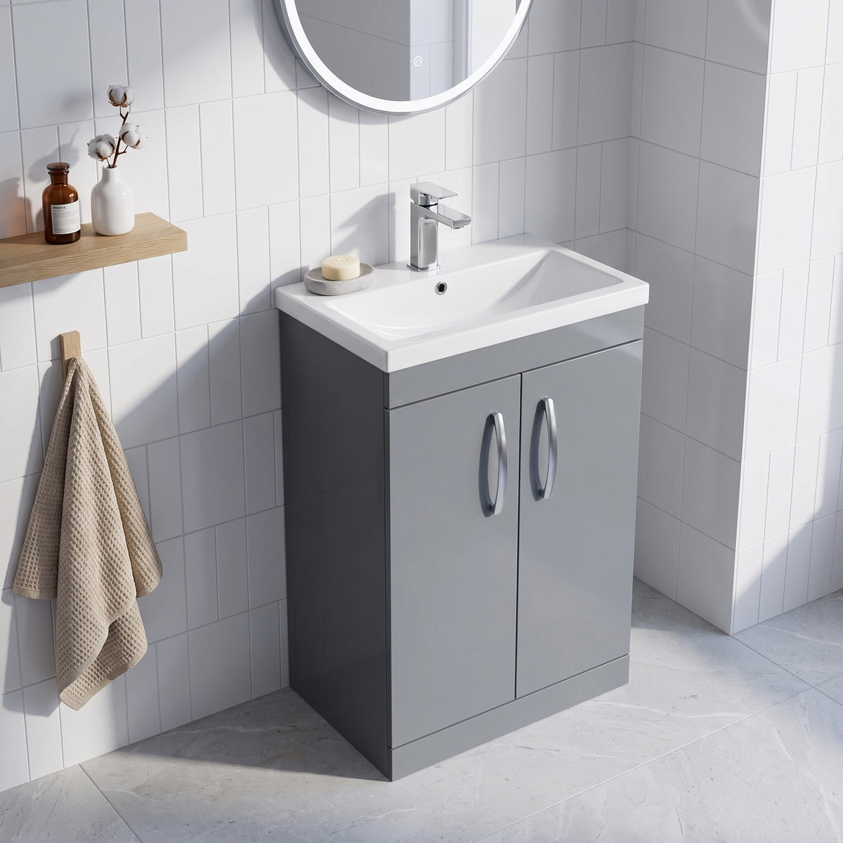 Fairford Carnation 600mm Gloss Grey Floor Standing 2 Door Vanity Unit, with Basin