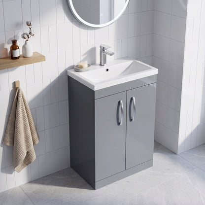 Fairford Carnation 600mm Gloss Grey Floor Standing 2 Door Vanity Unit, with Basin