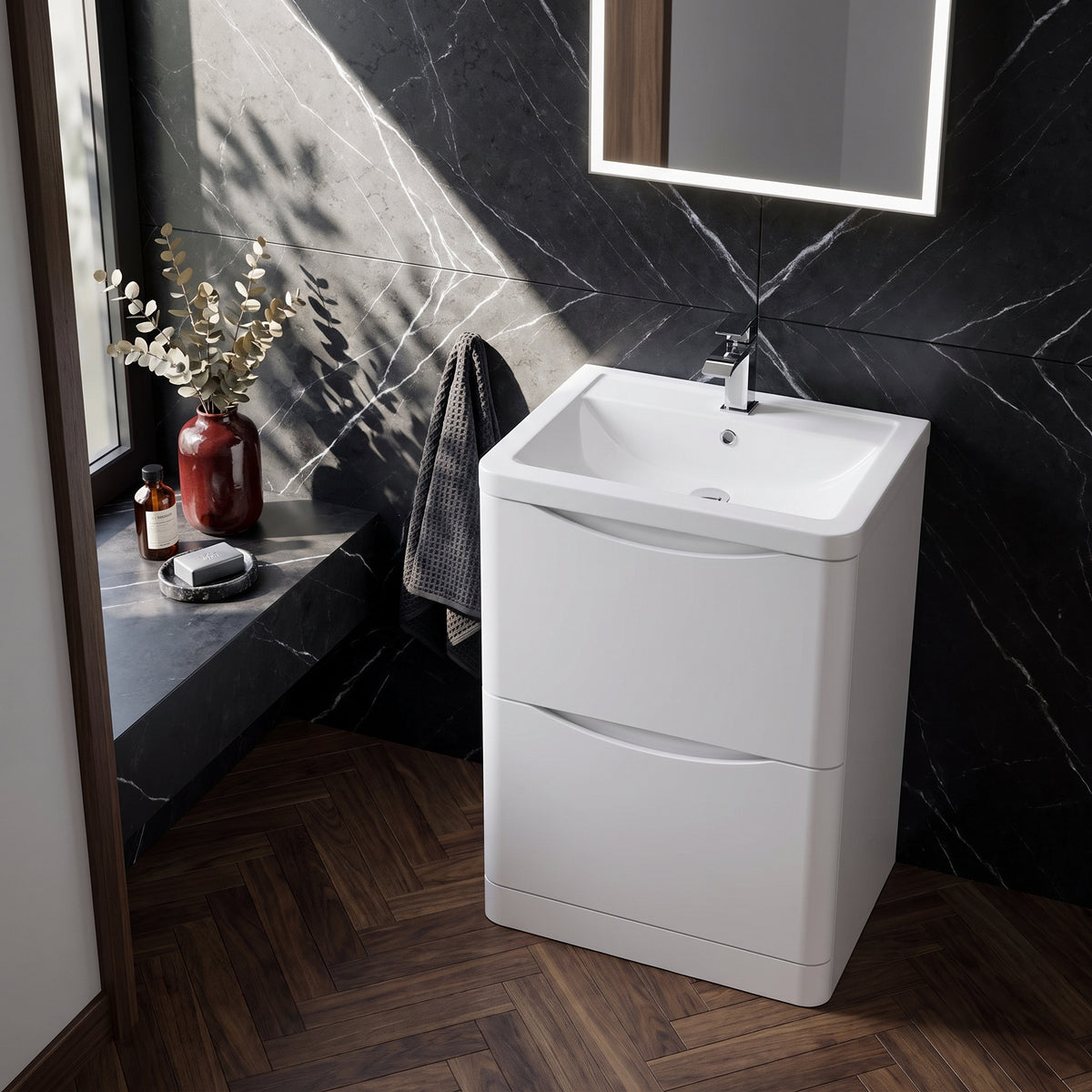 Fairford Eclipse 600mm 2 Drawer Satin White Floor Standing Vanity Unit