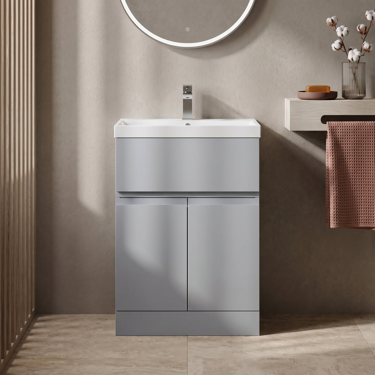 Fairford Finesse 600mm Satin Grey Floor Standing Vanity Unit, with Top Drawer