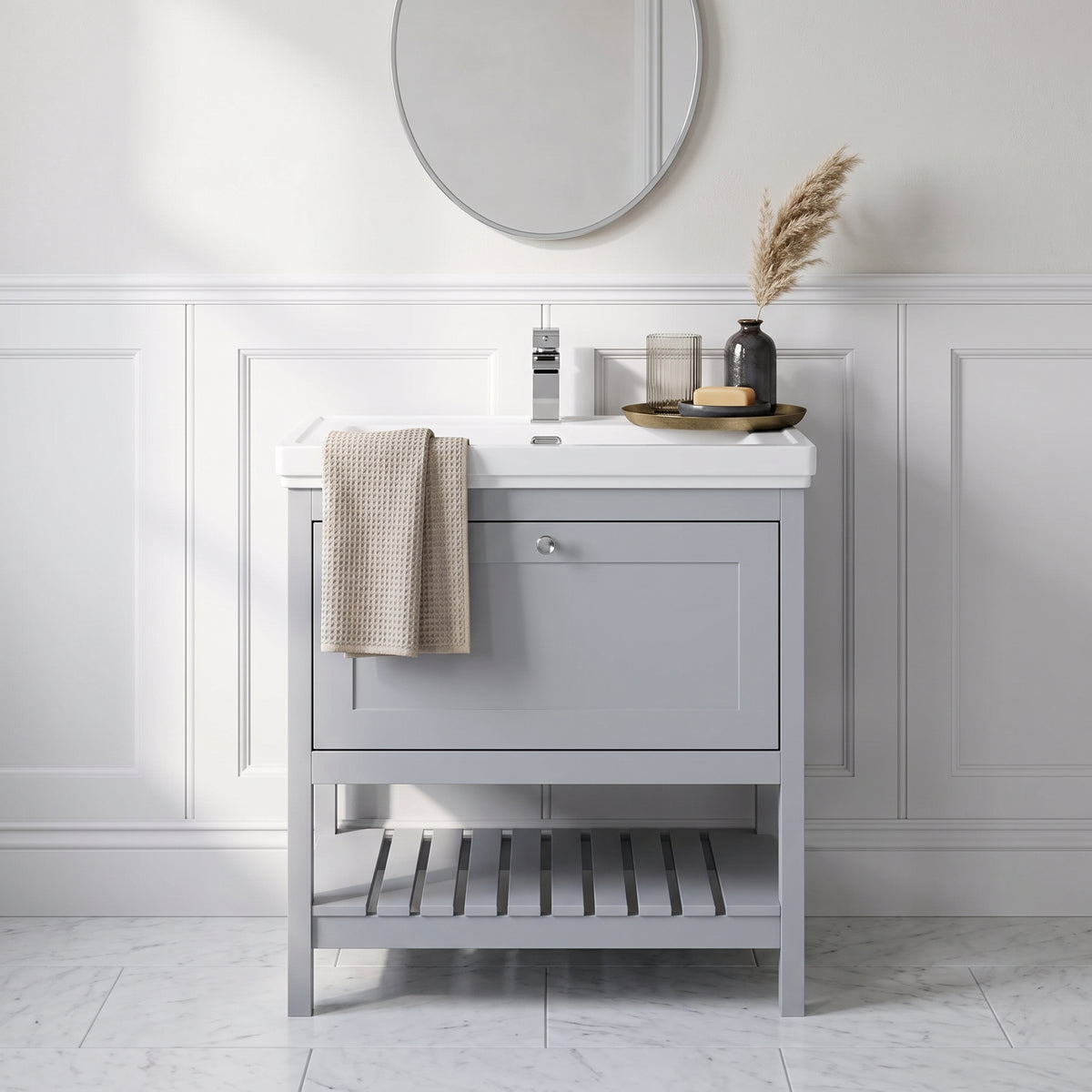 Fairford Juliette Satin Grey 800mm 1 Drawer Floorstanding Vanity Unit with 1 Tap Hole Basin