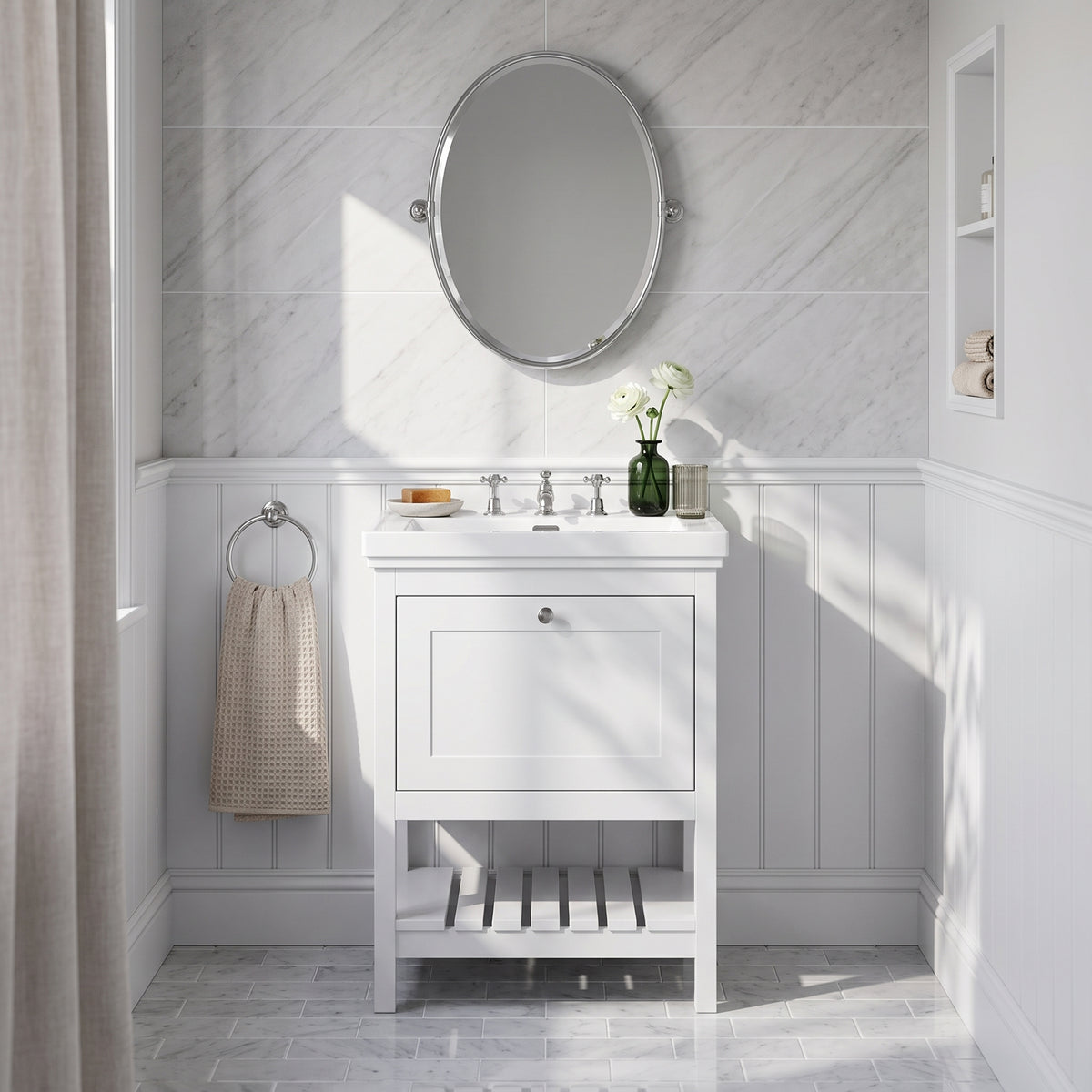 Fairford Juliette Satin White 600mm 1 Drawer Floorstanding Vanity Unit with 3 Tap Hole Basin