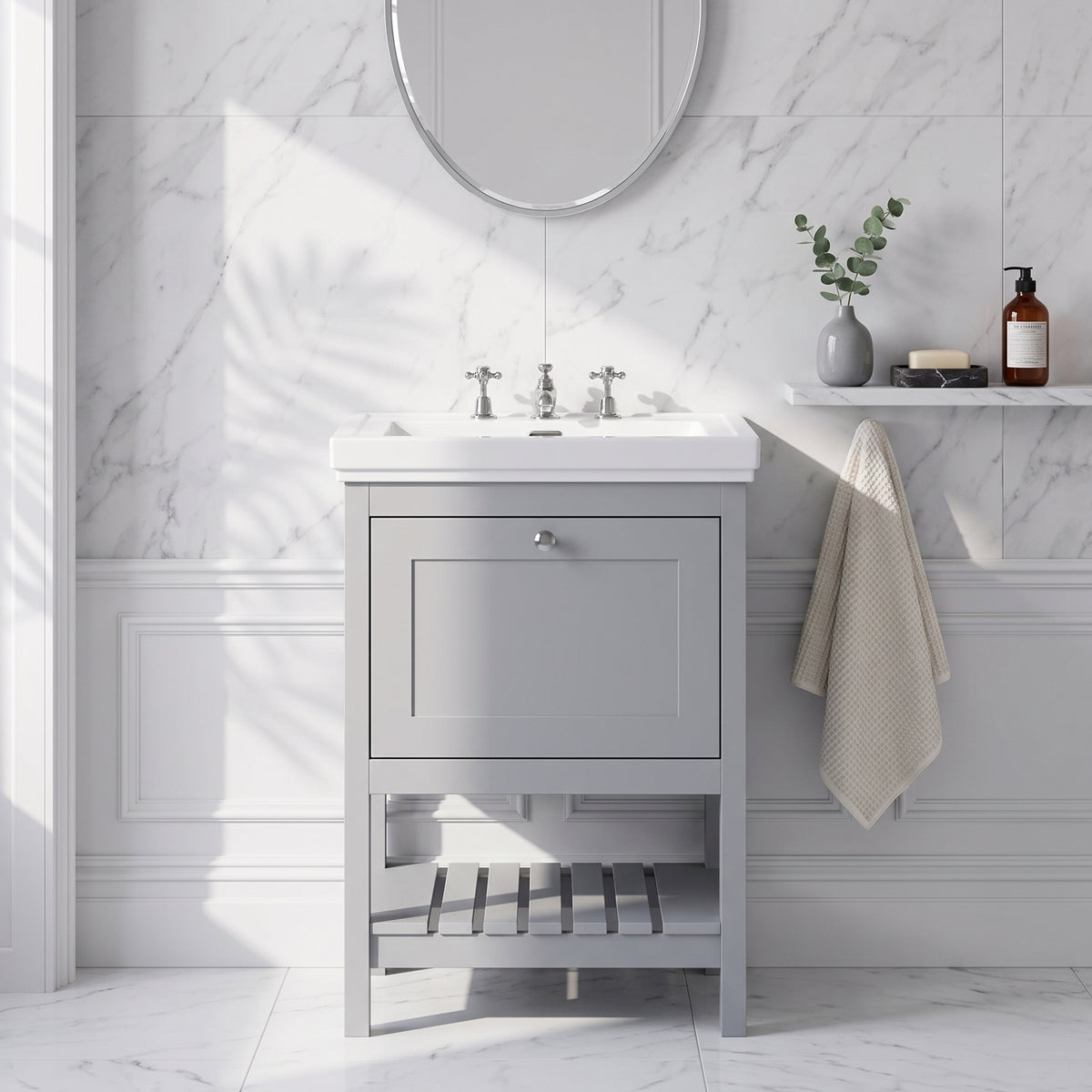 Fairford Juliette Satin Grey 600mm 1 Drawer Floorstanding Vanity Unit with 3 Tap Hole Basin
