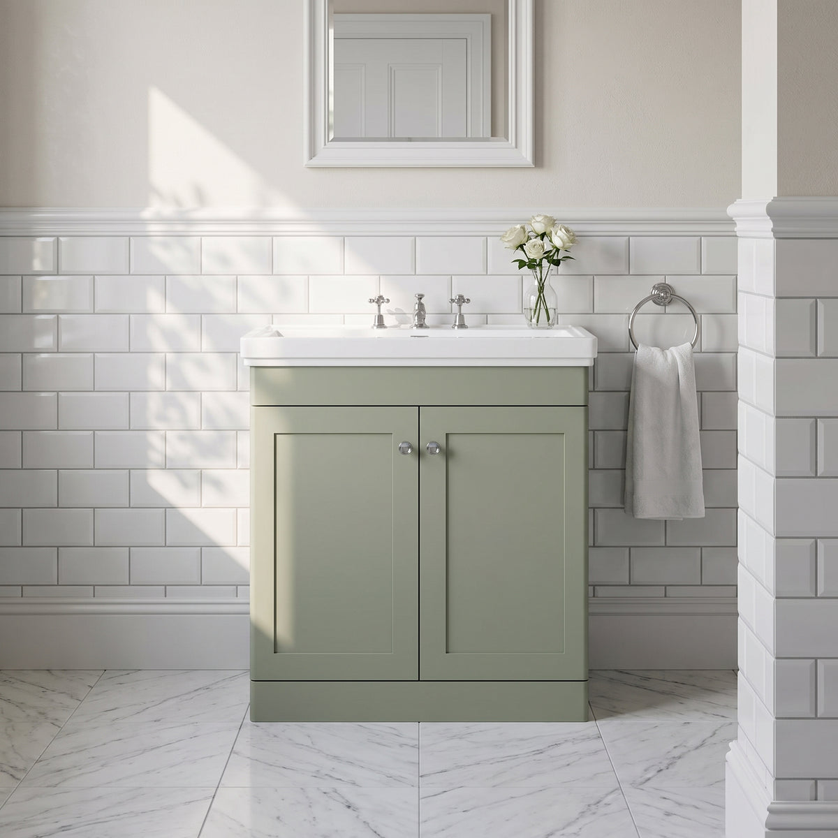 Fairford Laurel 800mm Floor Standing Satin Green Vanity Unit - 3 Tap Hole
