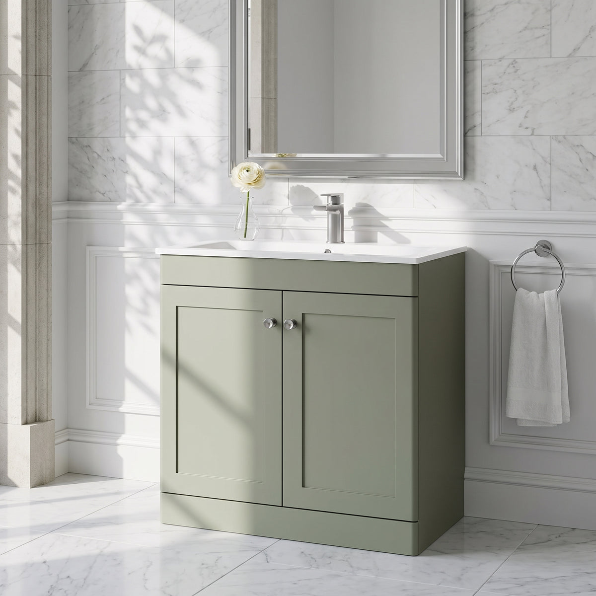 Fairford Laurel Satin Green 800mm 2 Door Floorstanding Vanity Unit with Stone Basin