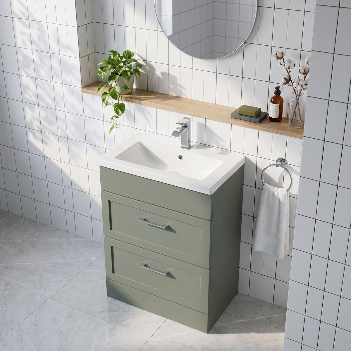 Fairford Union Style Shaker Matt Lux Green 600mm Full Depth 2 Drawer Vanity Unit
