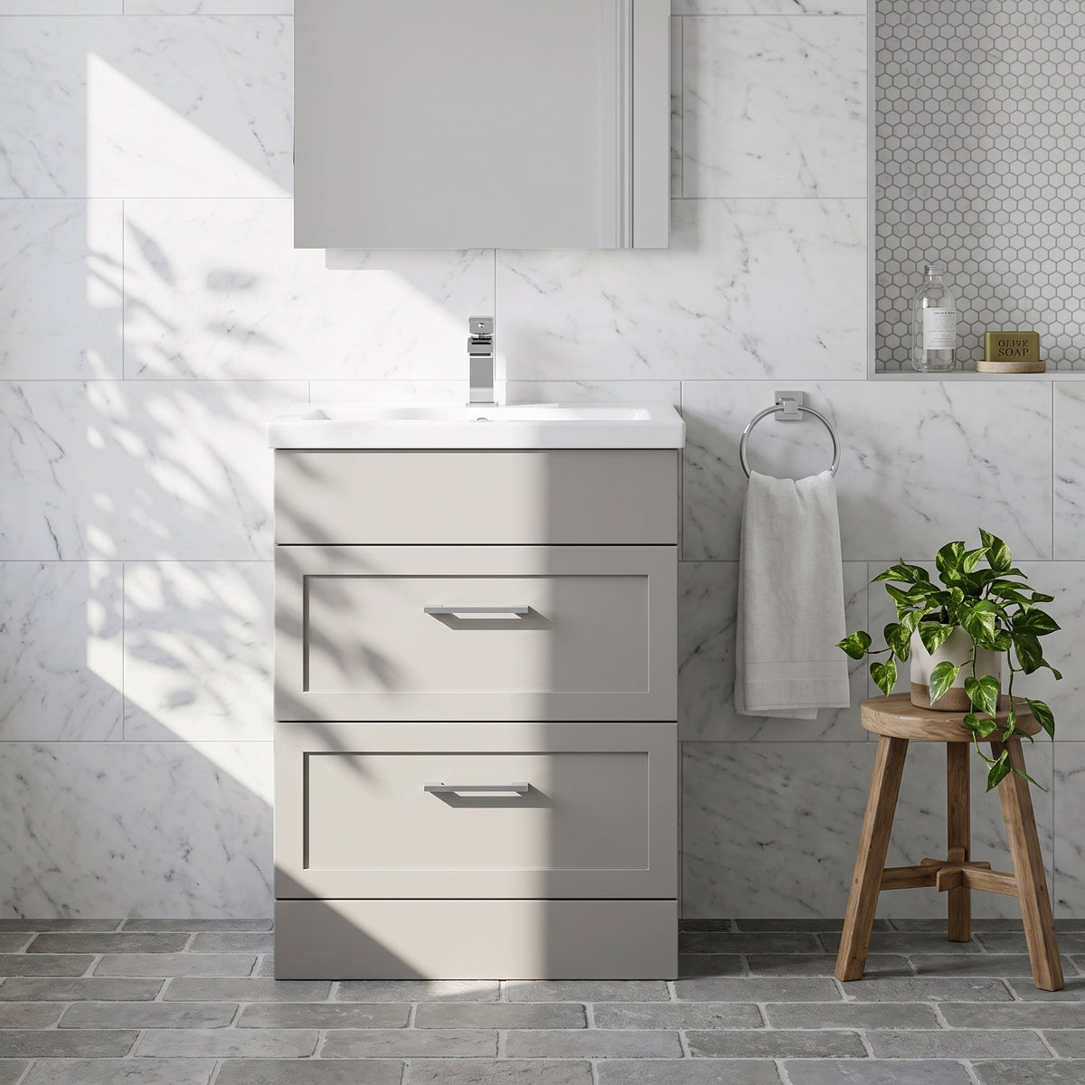 Fairford Union Style Shaker Matt Stone Grey 600mm Full Depth 2 Drawer Vanity Unit