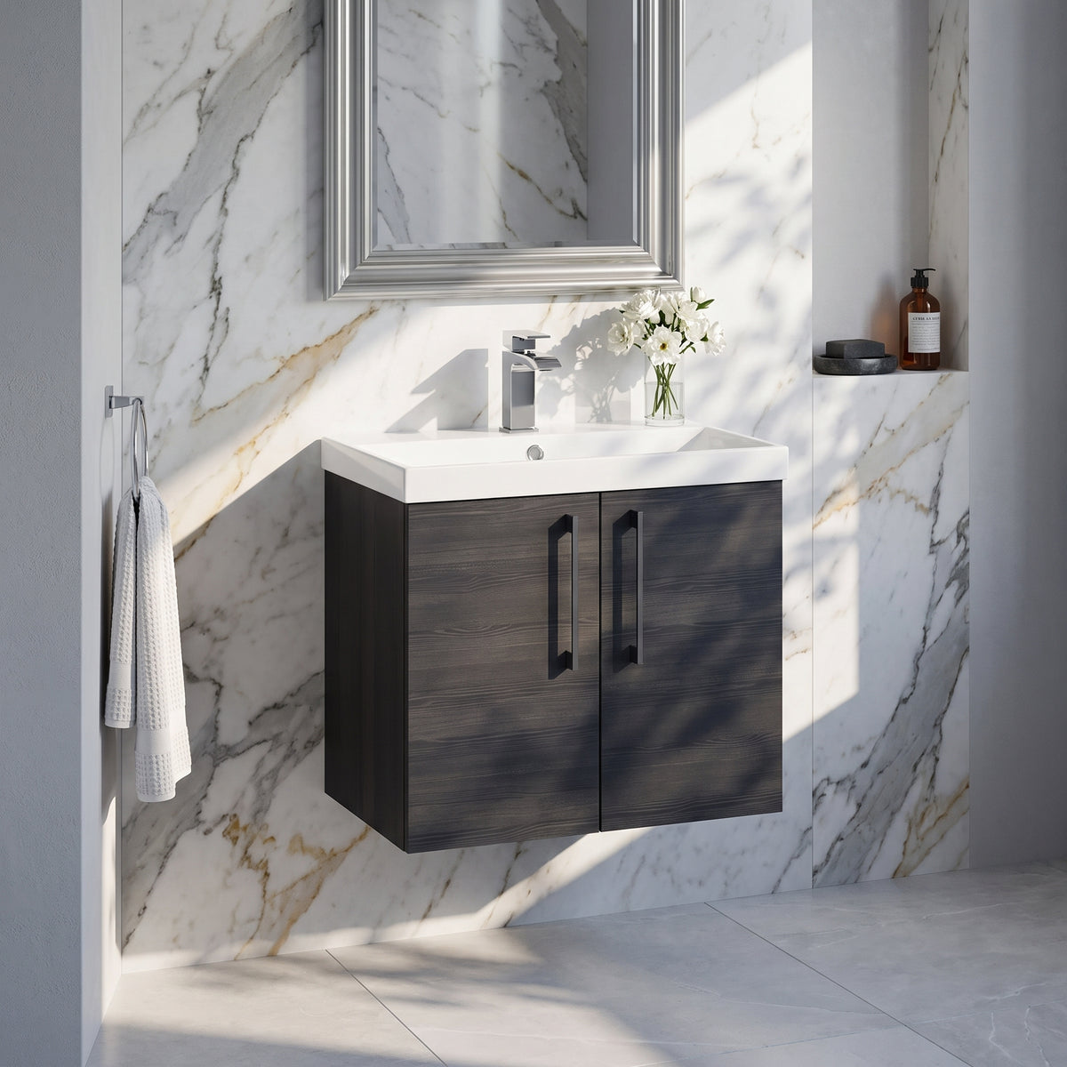 Fairford Aspri Black Woodgrain 600mm 2 Door Wall Hung Vanity Unit