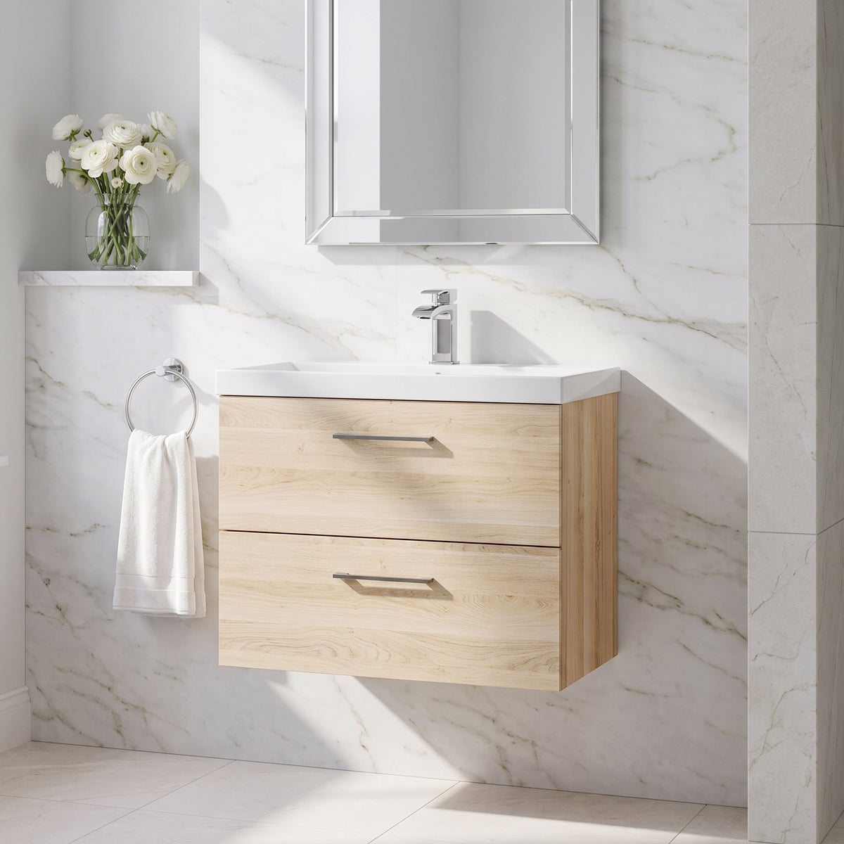 Fairford Aspri Bleached Oak 800mm 2 Drawer Wall Hung Vanity Unit