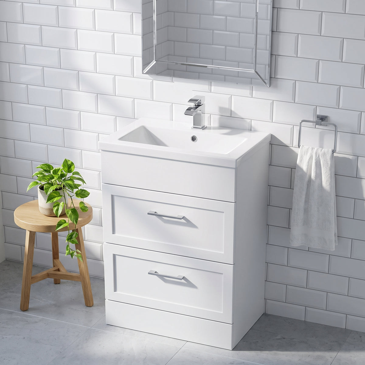 Fairford Union Style Shaker Matt White 600mm Full Depth 2 Drawer Vanity Unit