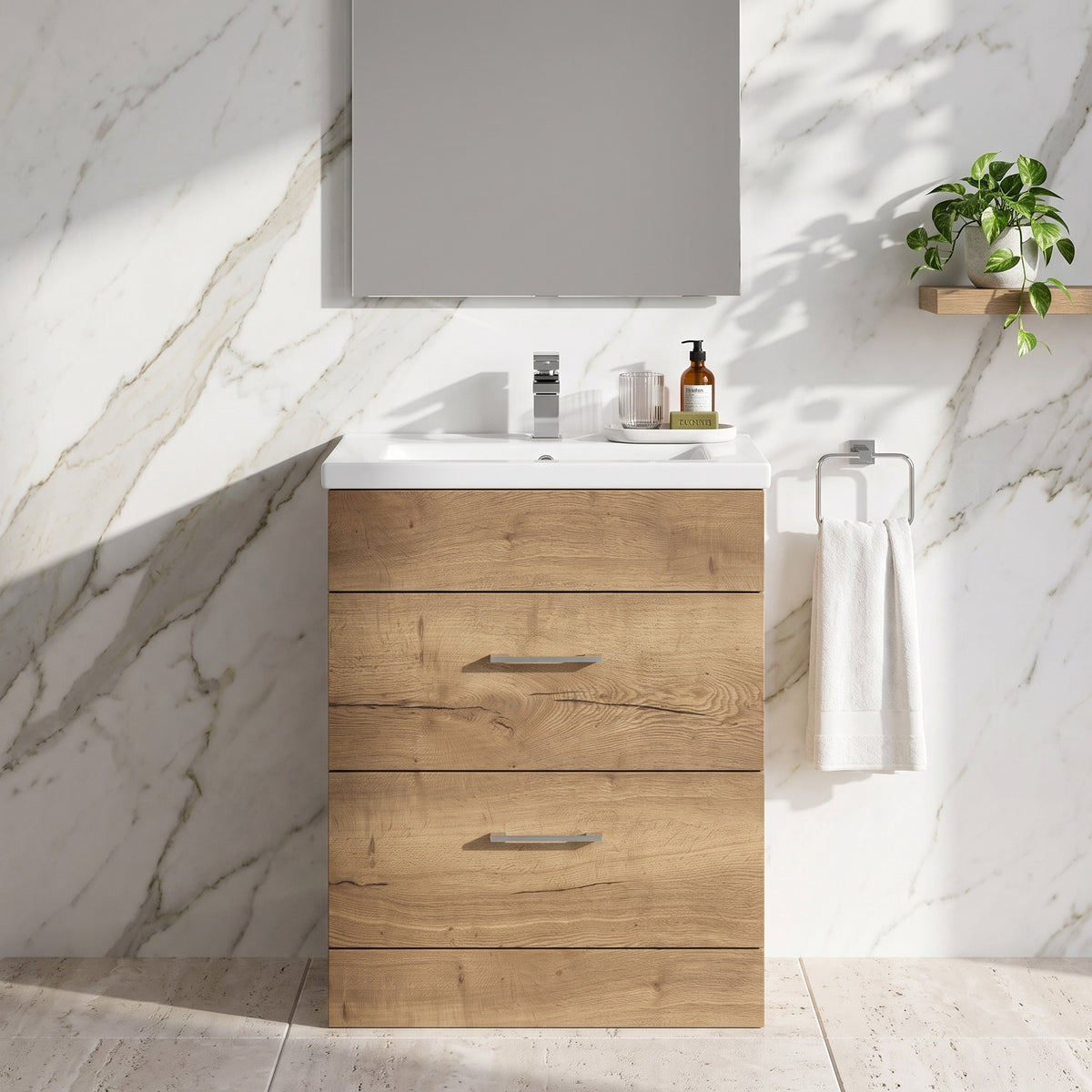 Fairford Union Style Slab Dark Oak 600mm Full Depth 2 Drawer Vanity Unit