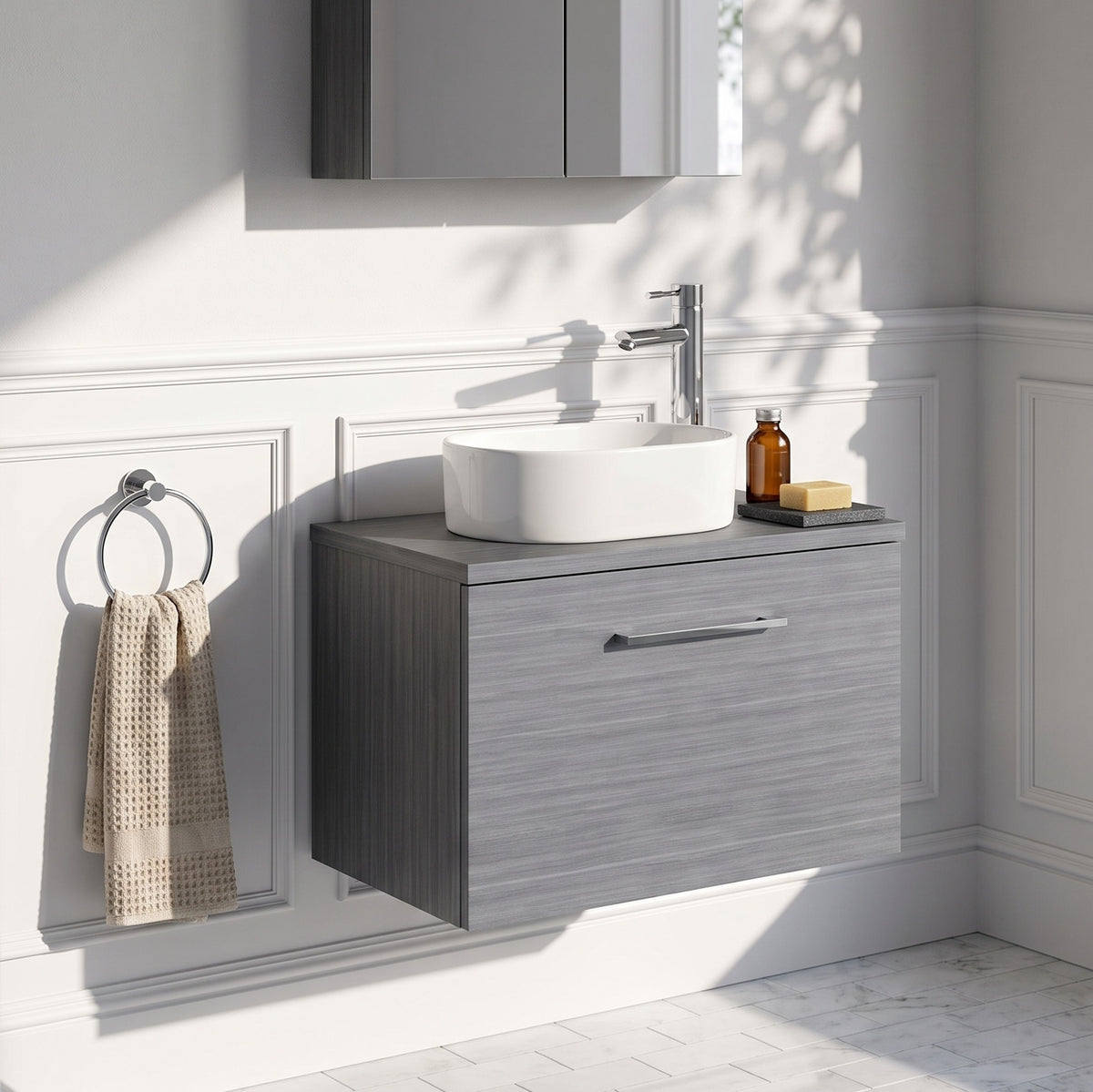 Fairford Aspri 600mm Anthracite Wall Hung Vanity Unit, MDF Anthracite Worktop
