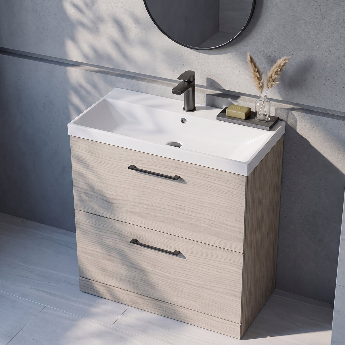 Fairford Aspri 800mm Solace Oak 2-Drawer Floorstanding Vanity Unit
