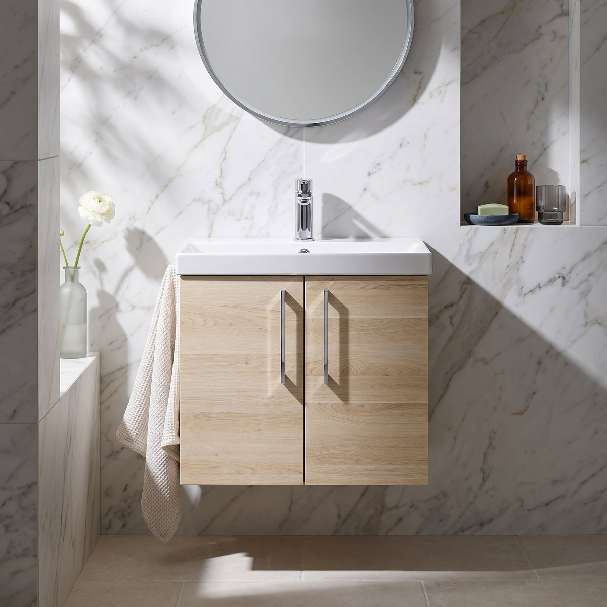Fairford Aspri Bleached Oak 600mm 2 Door Wall Hung Vanity Unit