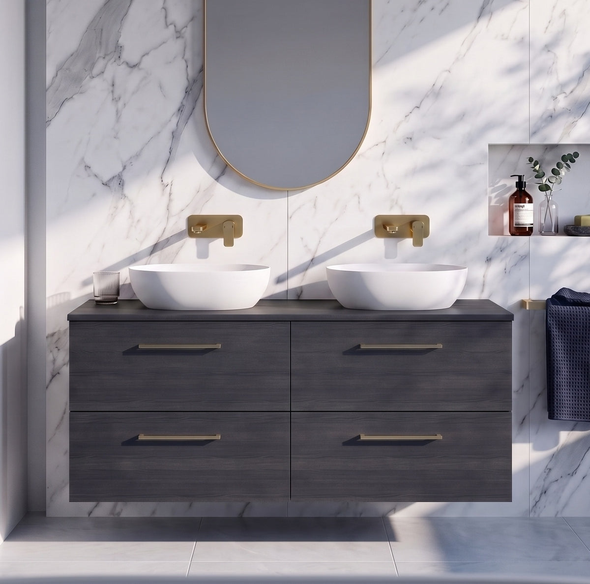 Fairford Aspri Black Woodgrain 1200mm 4 Drawer Wall Hung Vanity Unit with Worktop