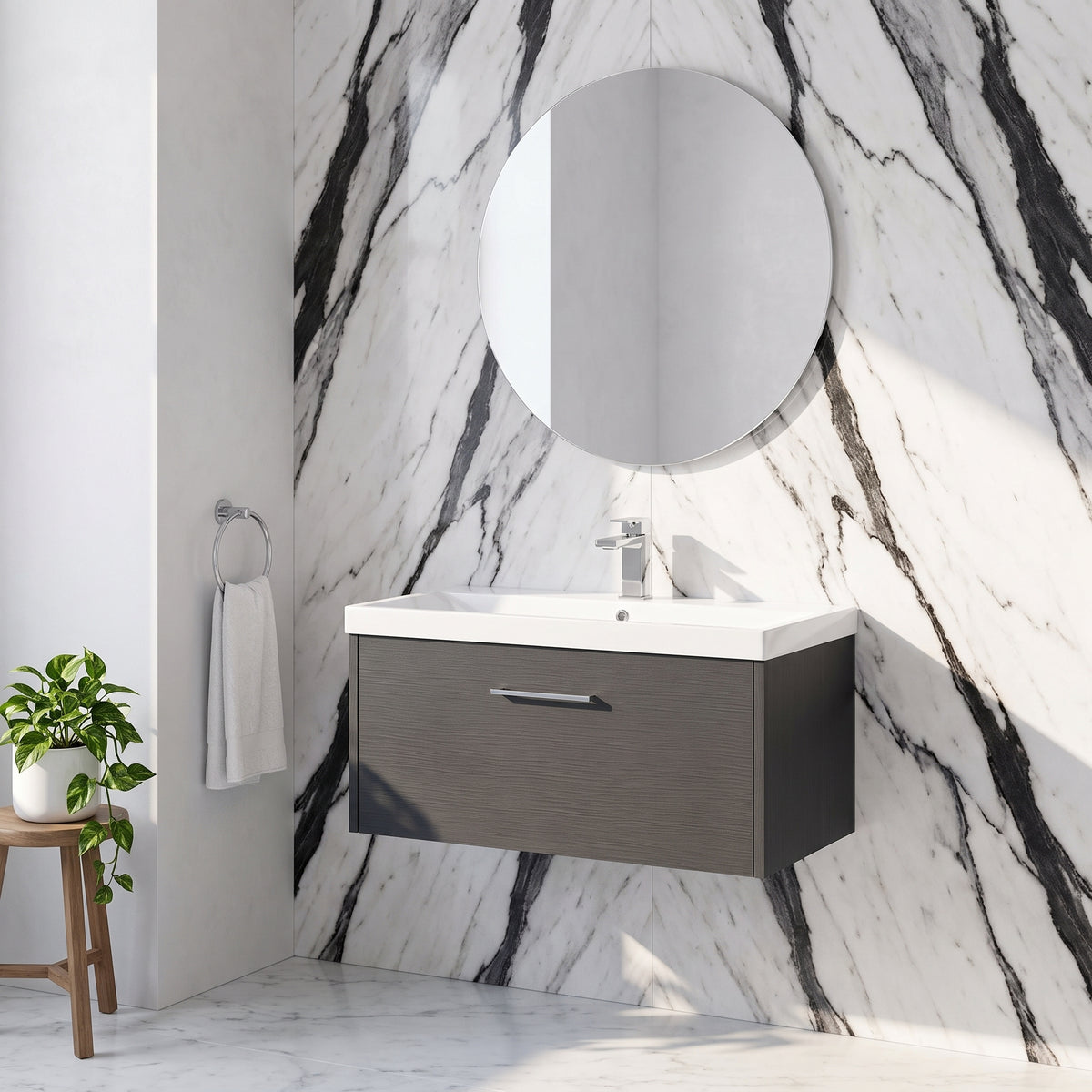Fairford Anika 800mm Graphite Woodgrain 1 Drawer Wall Hung Vanity Unit