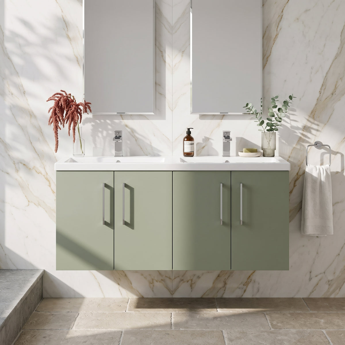 Fairford Aspri Satin Green 1200mm 4 Door Wall Hung Vanity Unit
