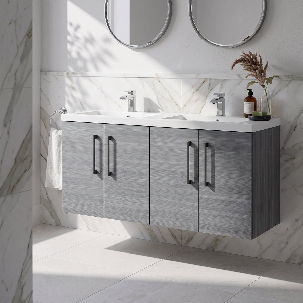 Fairford Aspri Grey Woodgrain 1200mm 4 Door Wall Hung Vanity Unit
