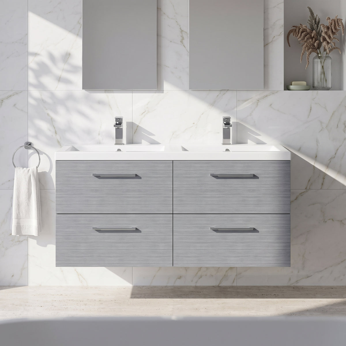 Fairford Aspri Grey Woodgrain 1200mm 4 Drawer Wall Hung Vanity Unit