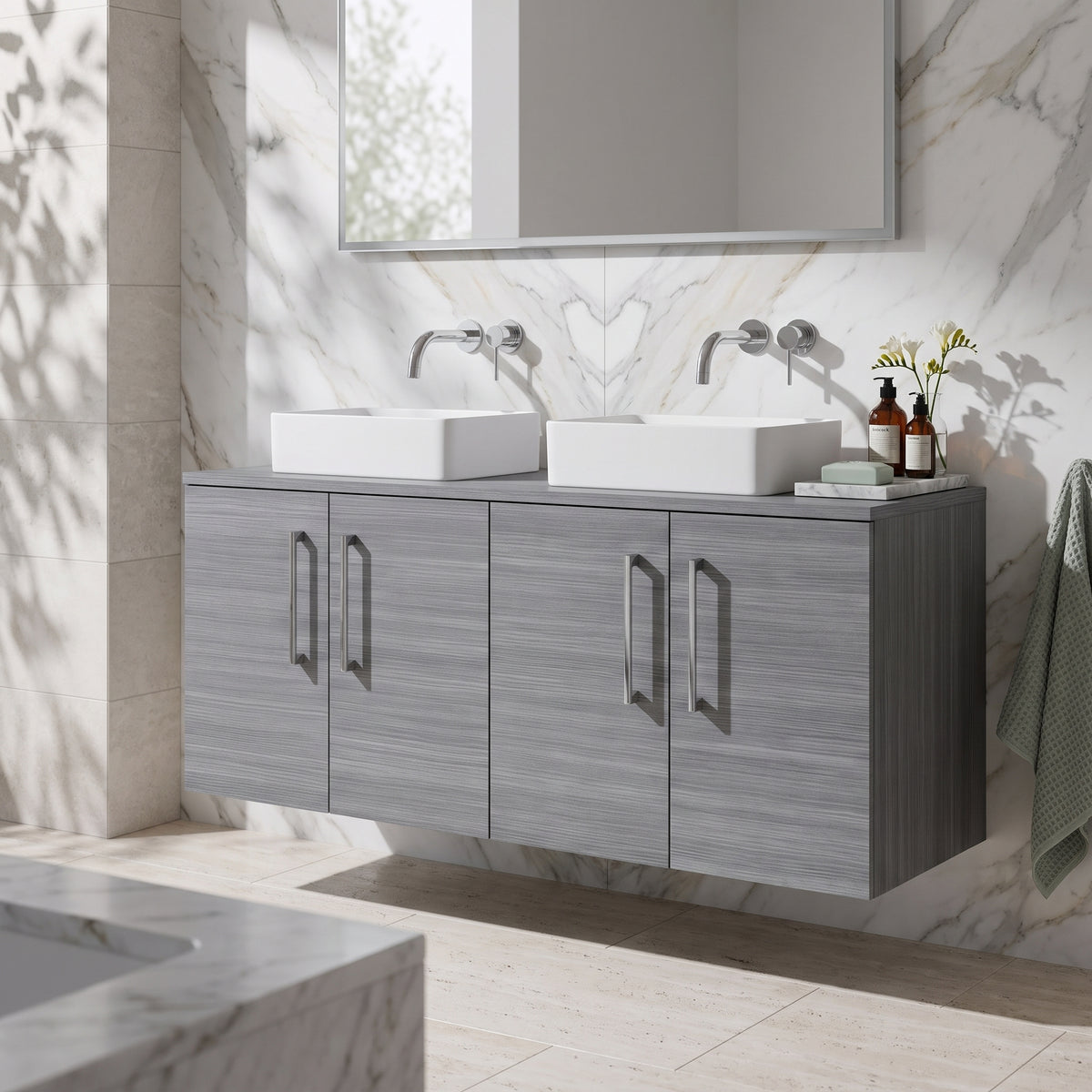 Fairford Aspri Grey Woodgrain 1200mm 4 Door Wall Hung Vanity Unit with Worktop