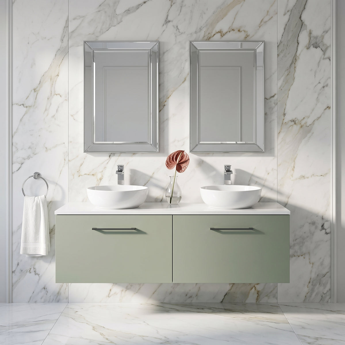Fairford Aspri Satin Green 1200mm 2 Drawer Wall Hung Vanity Unit with Worktop