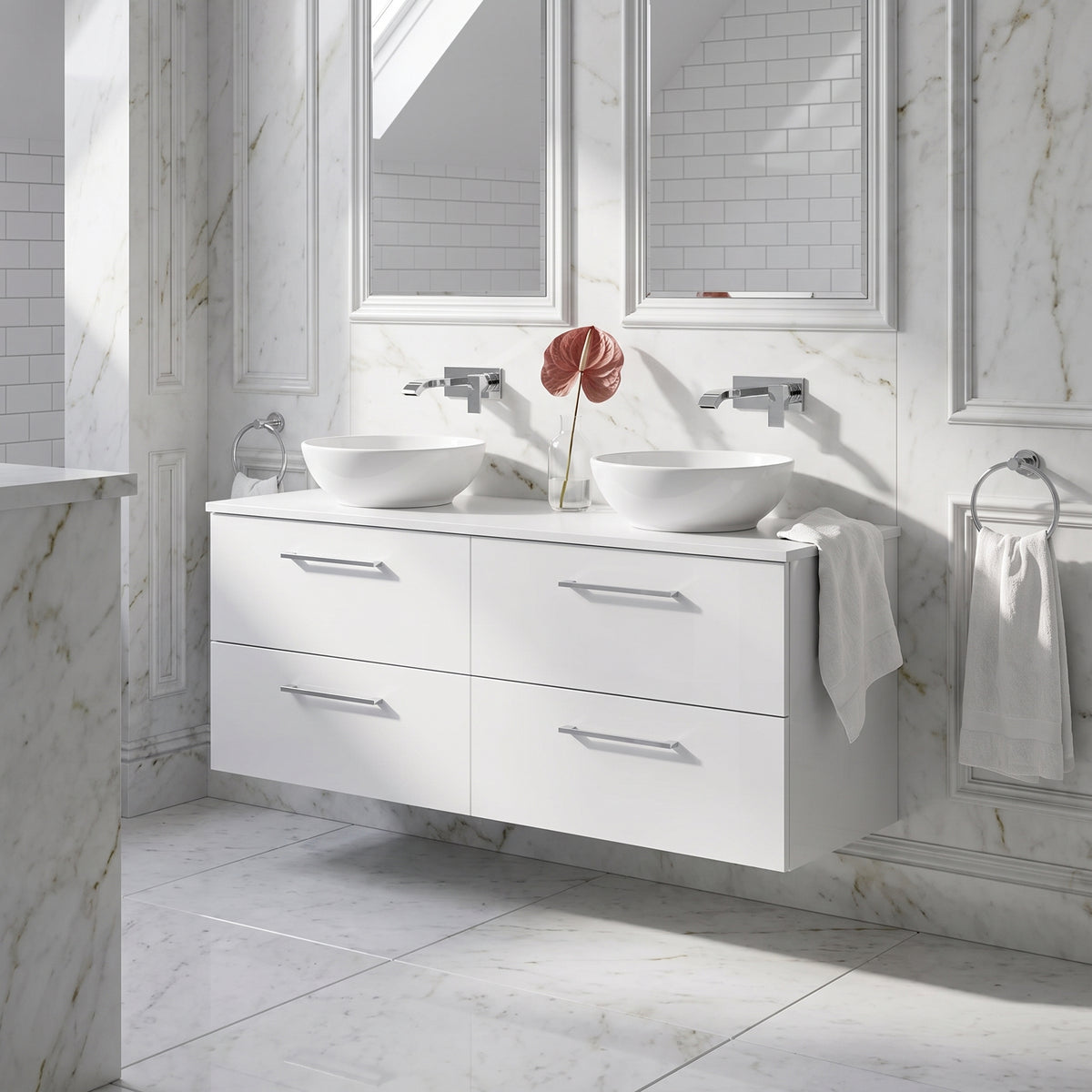 Fairford Aspri Gloss White 1200mm 4 Drawer Wall Hung Vanity Unit with Worktop