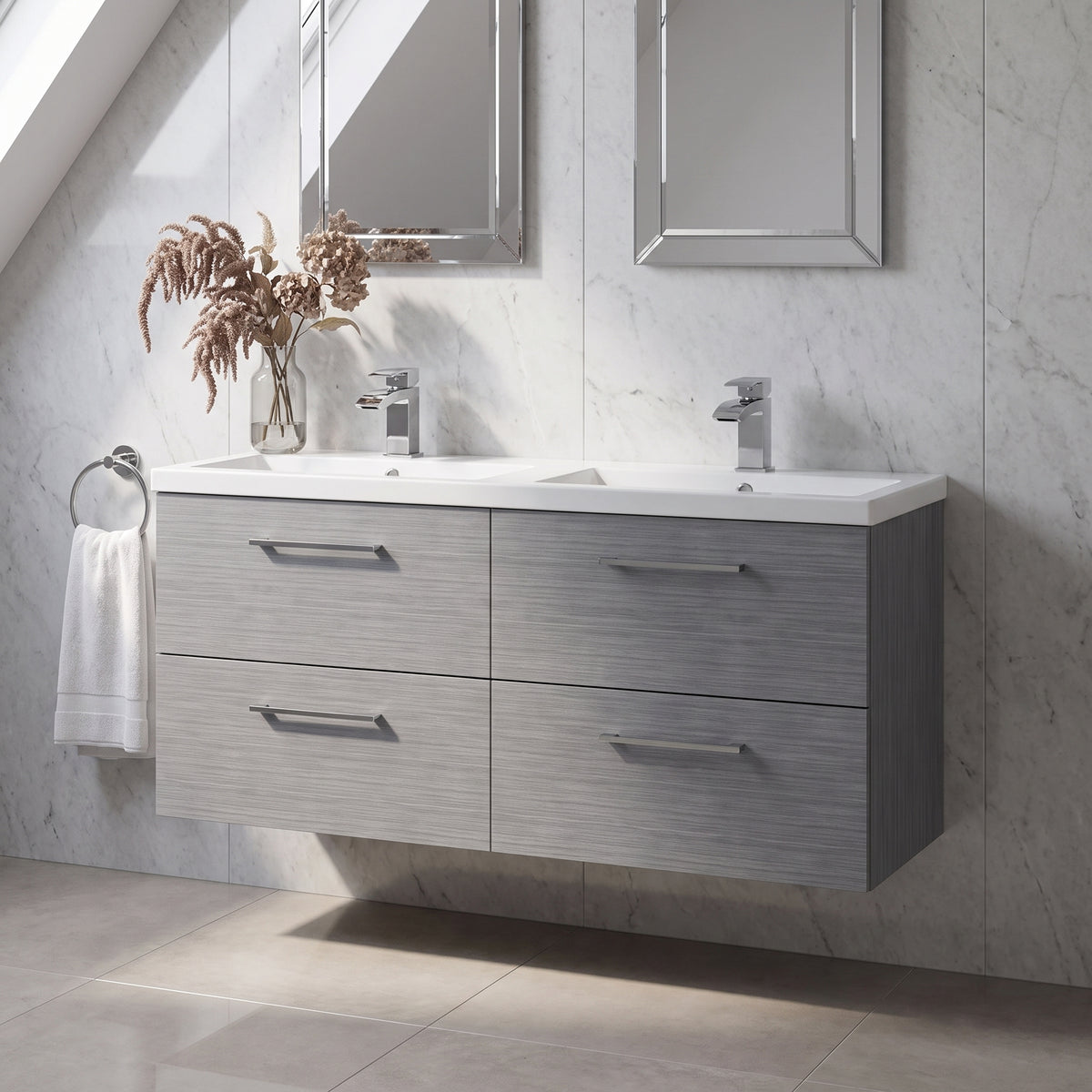 Fairford Aspri Grey Woodgrain 1200mm 4 Drawer Wall Hung Vanity Unit