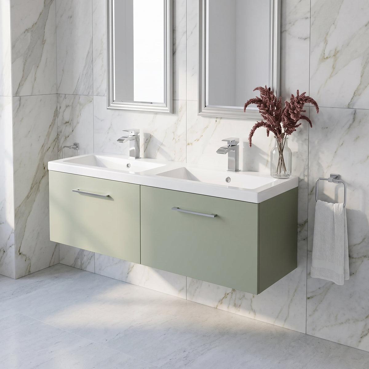 Fairford Aspri Satin Green 1200mm 2 Drawer Wall Hung Vanity Unit