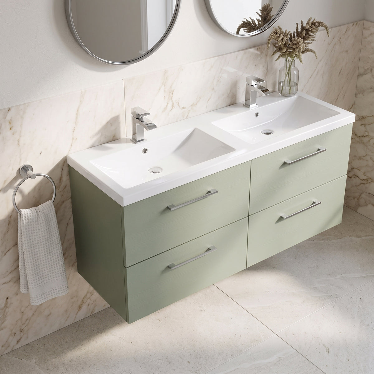 Fairford Aspri Satin Green 1200mm 4 Drawer Wall Hung Vanity Unit