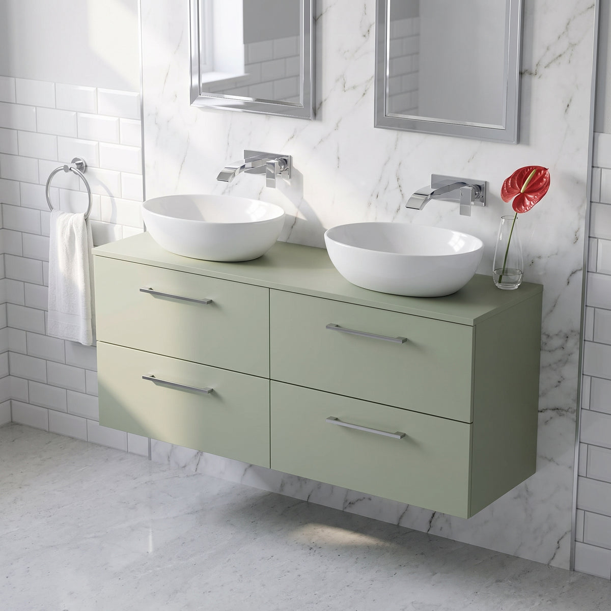 Fairford Aspri Satin Green 1200mm 4 Drawer Wall Hung Vanity Unit with Worktop