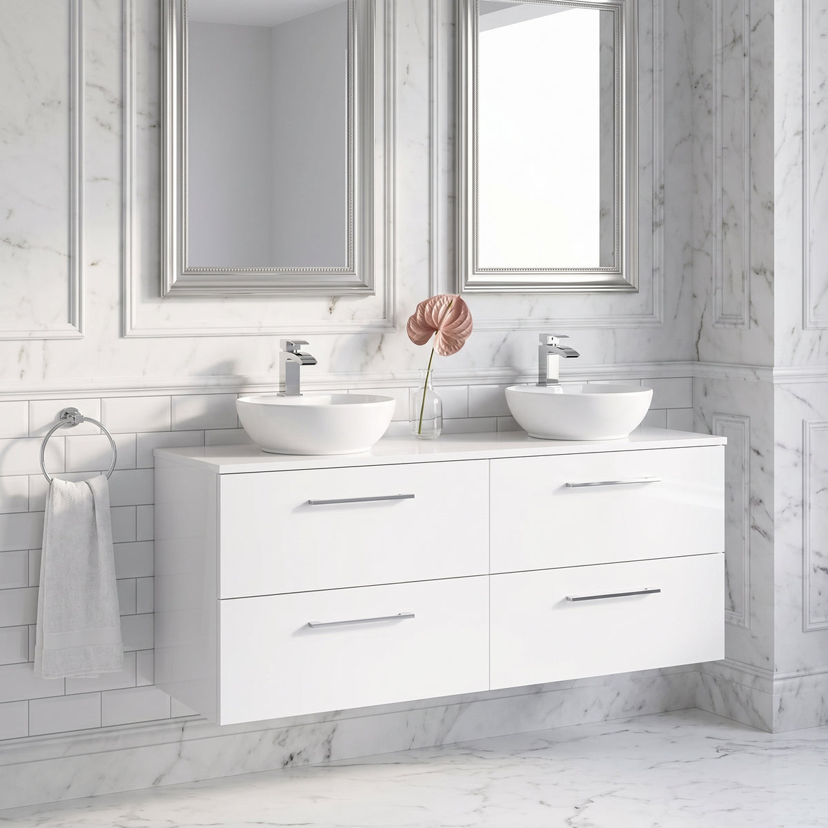 Fairford Aspri Gloss White 1200mm 4 Drawer Wall Hung Vanity Unit with Worktop