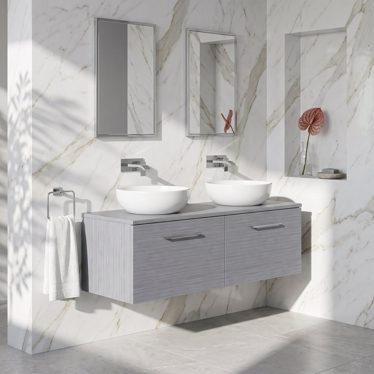 Fairford Aspri Grey Woodgrain 1200mm 2 Drawer Wall Hung Vanity Unit with Worktop