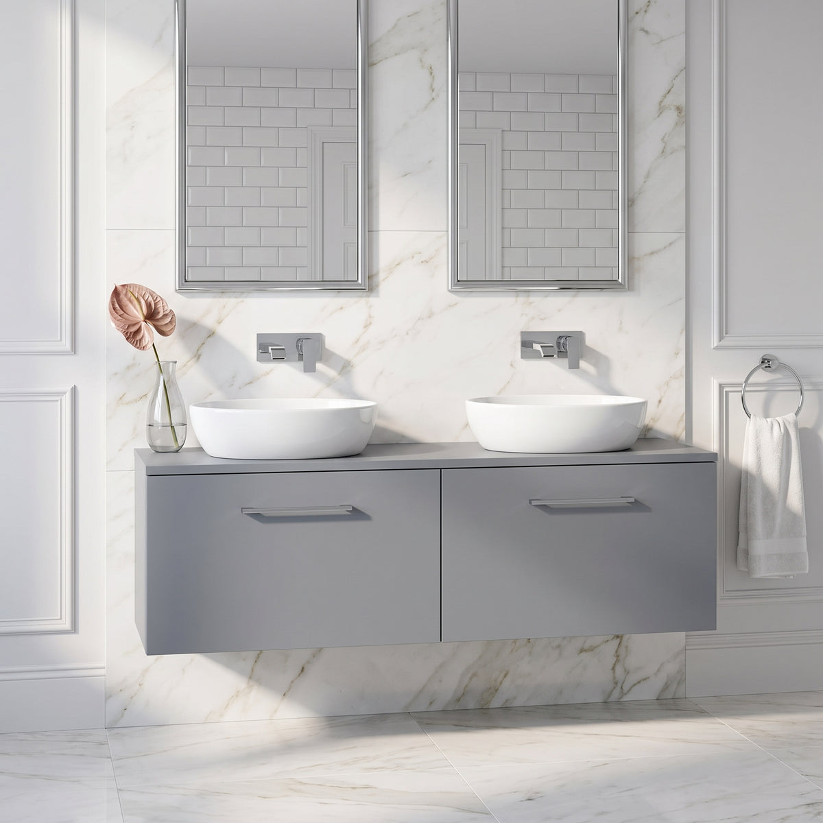 Fairford Aspri Satin Grey 1200mm 2 Drawer Wall Hung Vanity Unit with Worktop