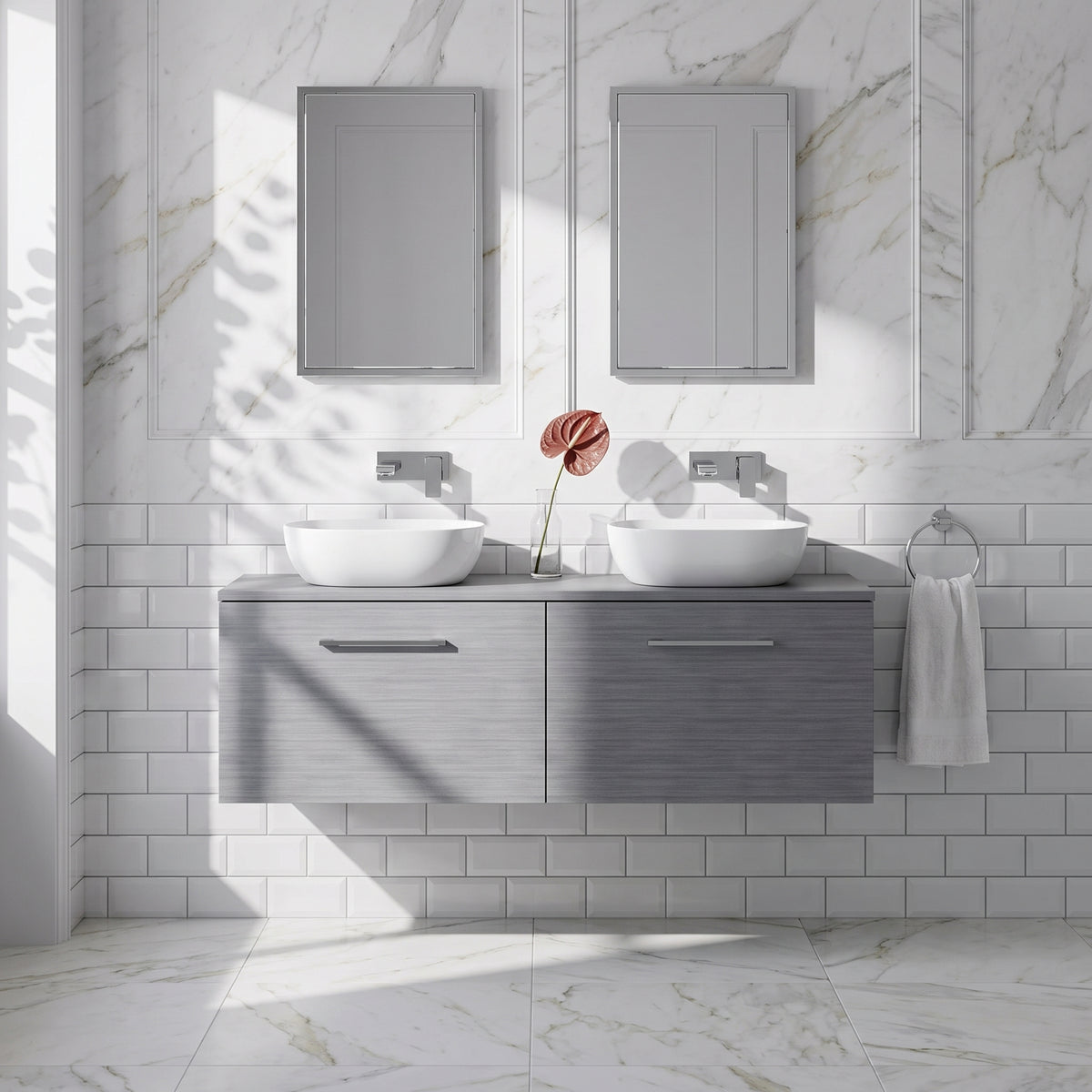 Fairford Aspri Grey Woodgrain 1200mm 2 Drawer Wall Hung Vanity Unit with Worktop