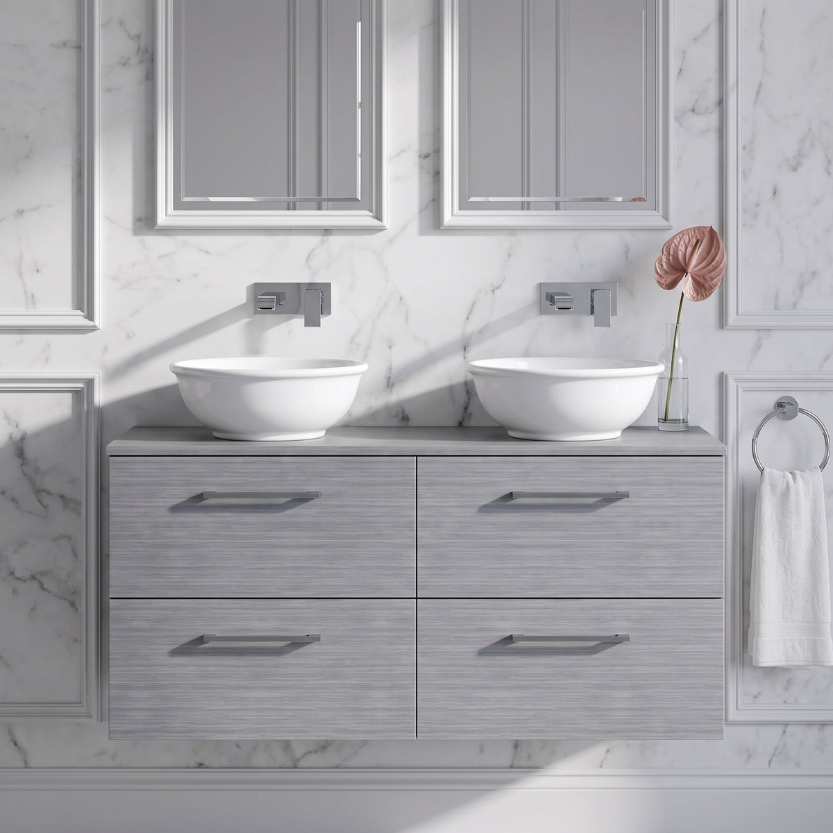 Fairford Aspri Grey Woodgrain 1200mm 4 Drawer Wall Hung Vanity Unit with Worktop