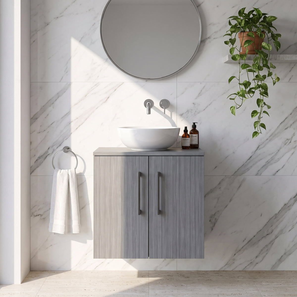 Fairford Aspri Grey Woodgrain 600mm 2 Door Wall Hung Vanity Unit with Worktop
