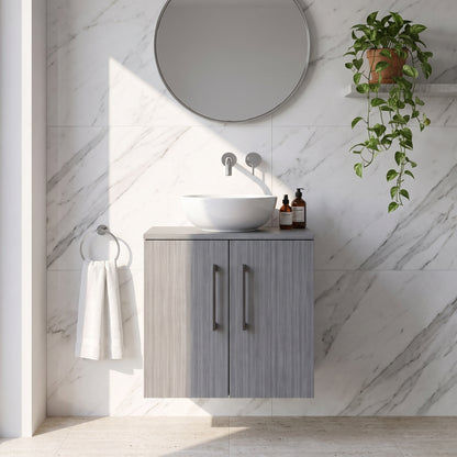 Fairford Aspri Grey Woodgrain 600mm 2 Door Wall Hung Vanity Unit with Worktop