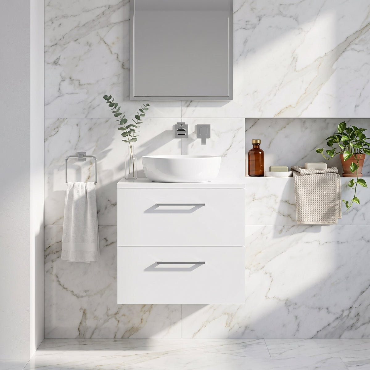 Fairford Aspri Gloss White 600mm 2 Drawer Wall Hung Vanity Unit with Worktop