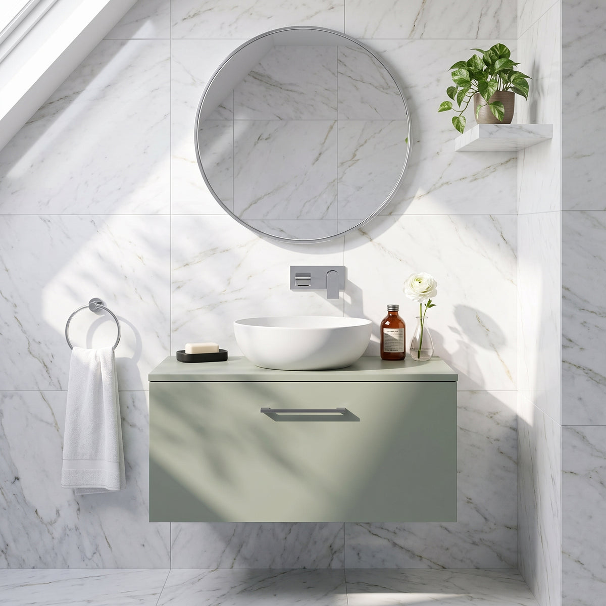 Fairford Aspri Satin Green 800mm 1 Drawer Wall Hung Vanity Unit with Worktop