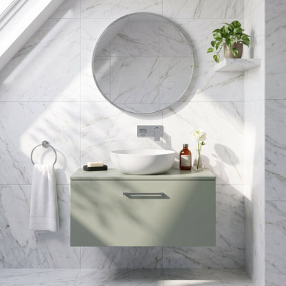 Fairford Aspri Satin Green 800mm 1 Drawer Wall Hung Vanity Unit with Worktop