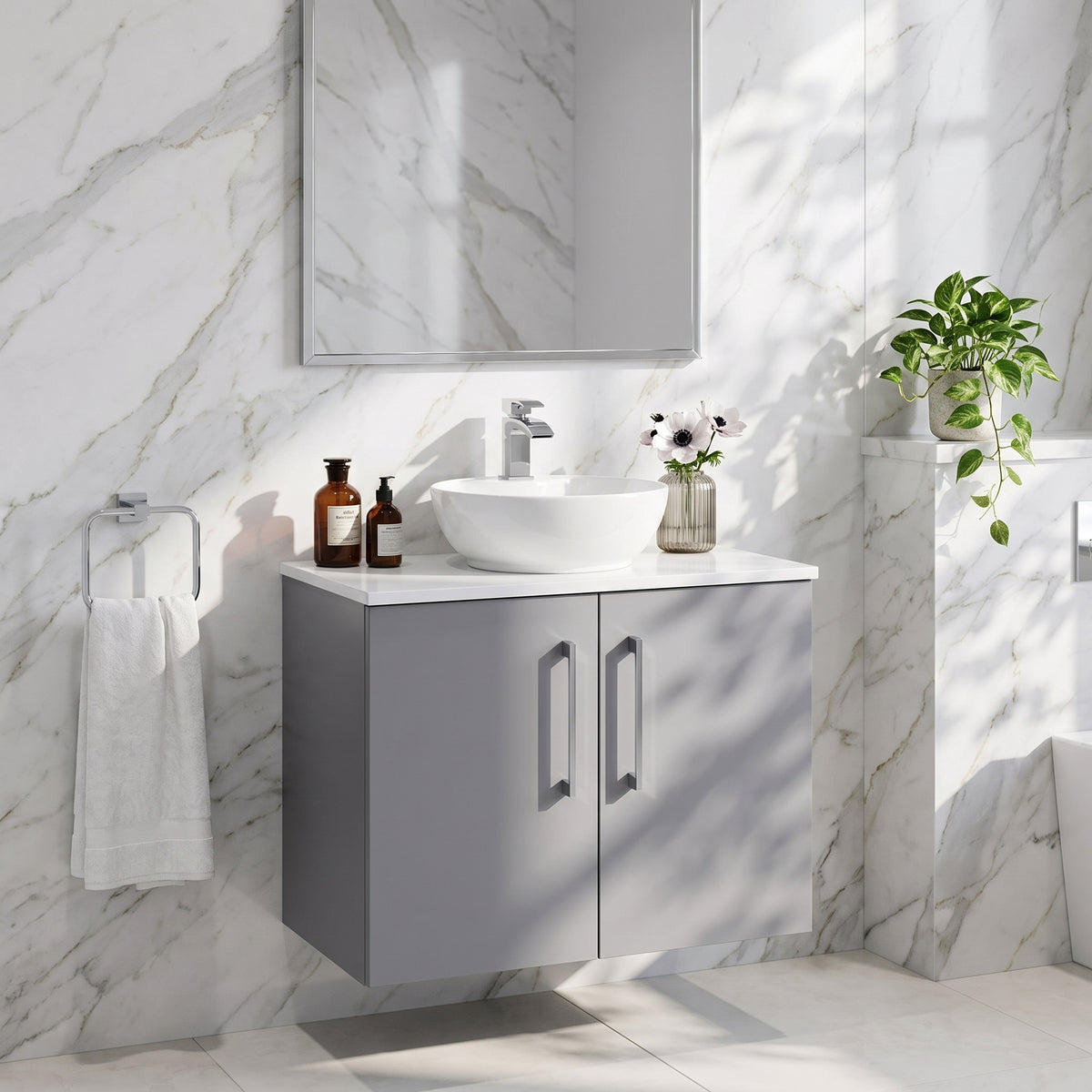 Fairford Aspri Satin Grey 600mm 2 Door Wall Hung Vanity Unit with Worktop