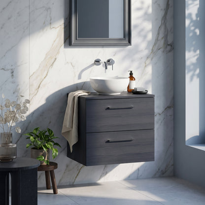 Fairford Aspri Black Woodgrain 600mm 2 Drawer Wall Hung Vanity Unit with Worktop