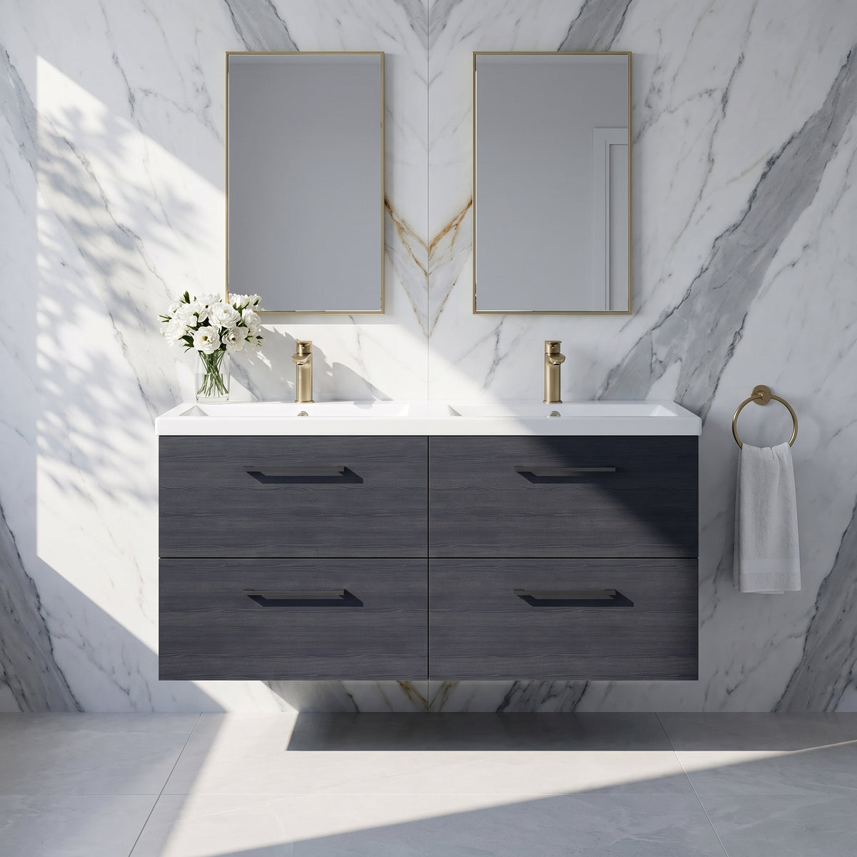 Fairford Aspri Black Woodgrain 1200mm 4 Drawer Wall Hung Vanity Unit