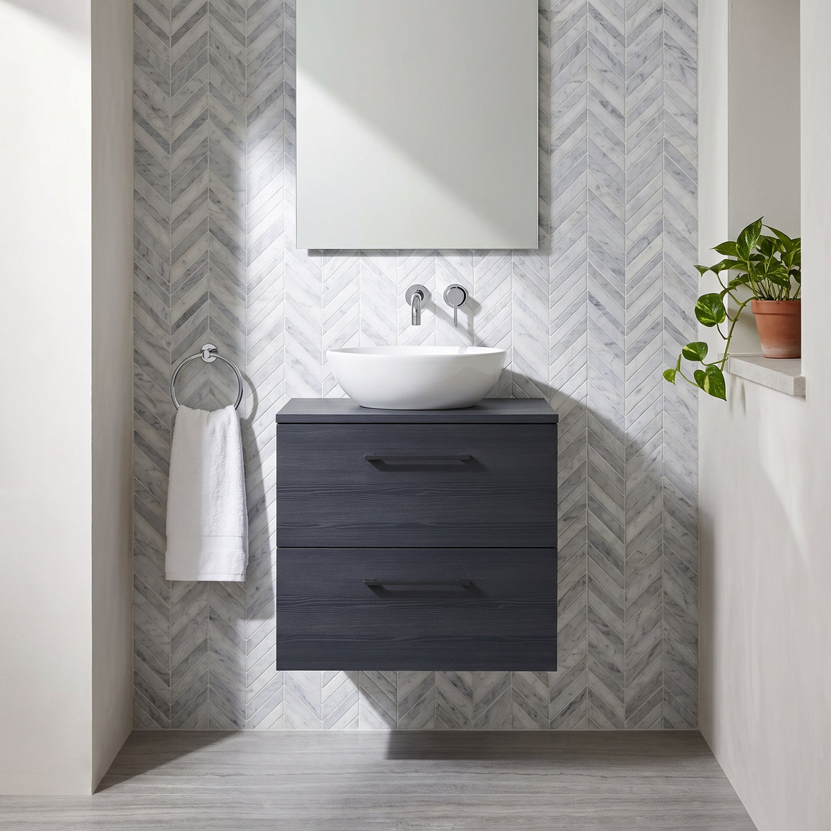 Fairford Aspri Black Woodgrain 600mm 2 Drawer Wall Hung Vanity Unit with Worktop