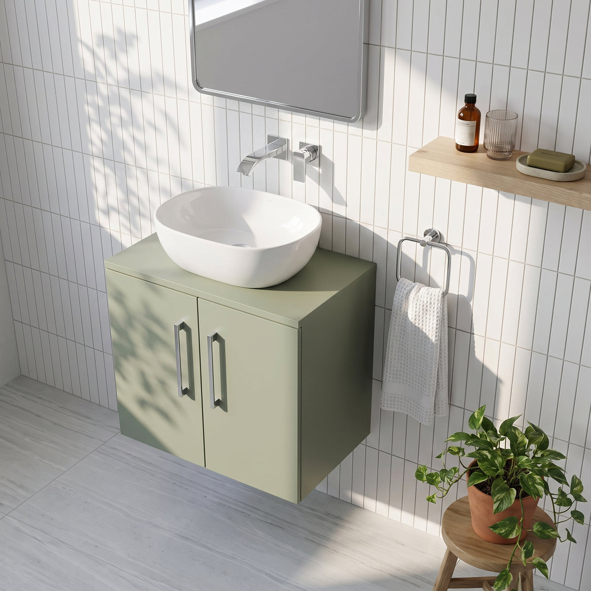Fairford Aspri Satin Green 600mm 2 Door Wall Hung Vanity Unit with Worktop
