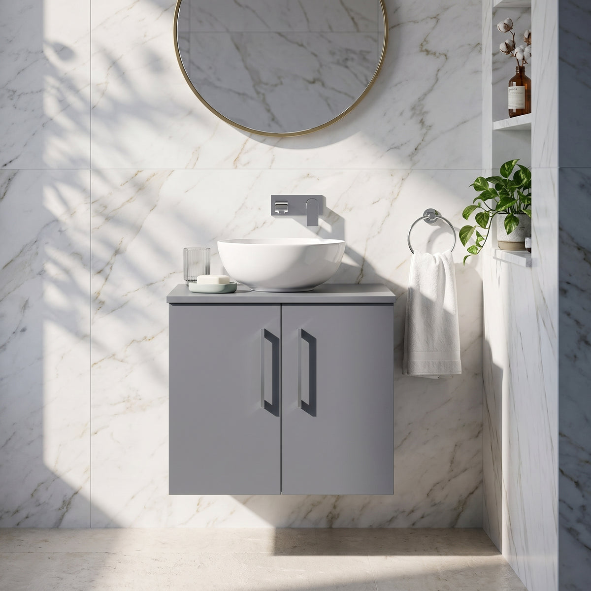 Fairford Aspri Satin Grey 600mm 2 Door Wall Hung Vanity Unit with Worktop