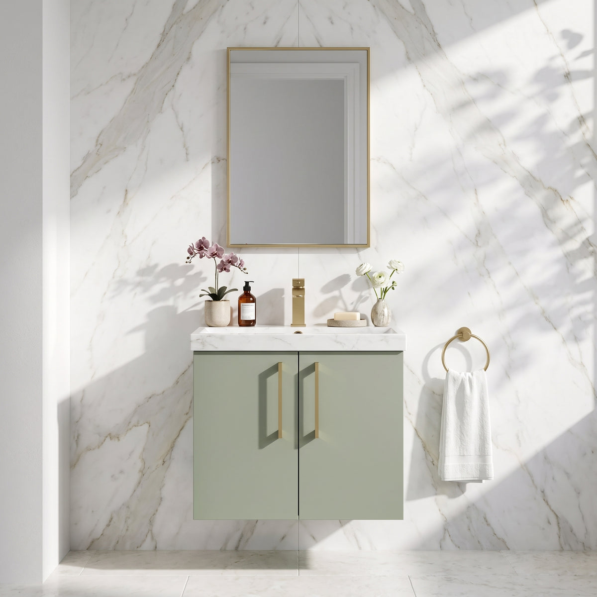 Fairford Aspri Satin Green 600mm 2 Door Wall Hung Vanity Unit
